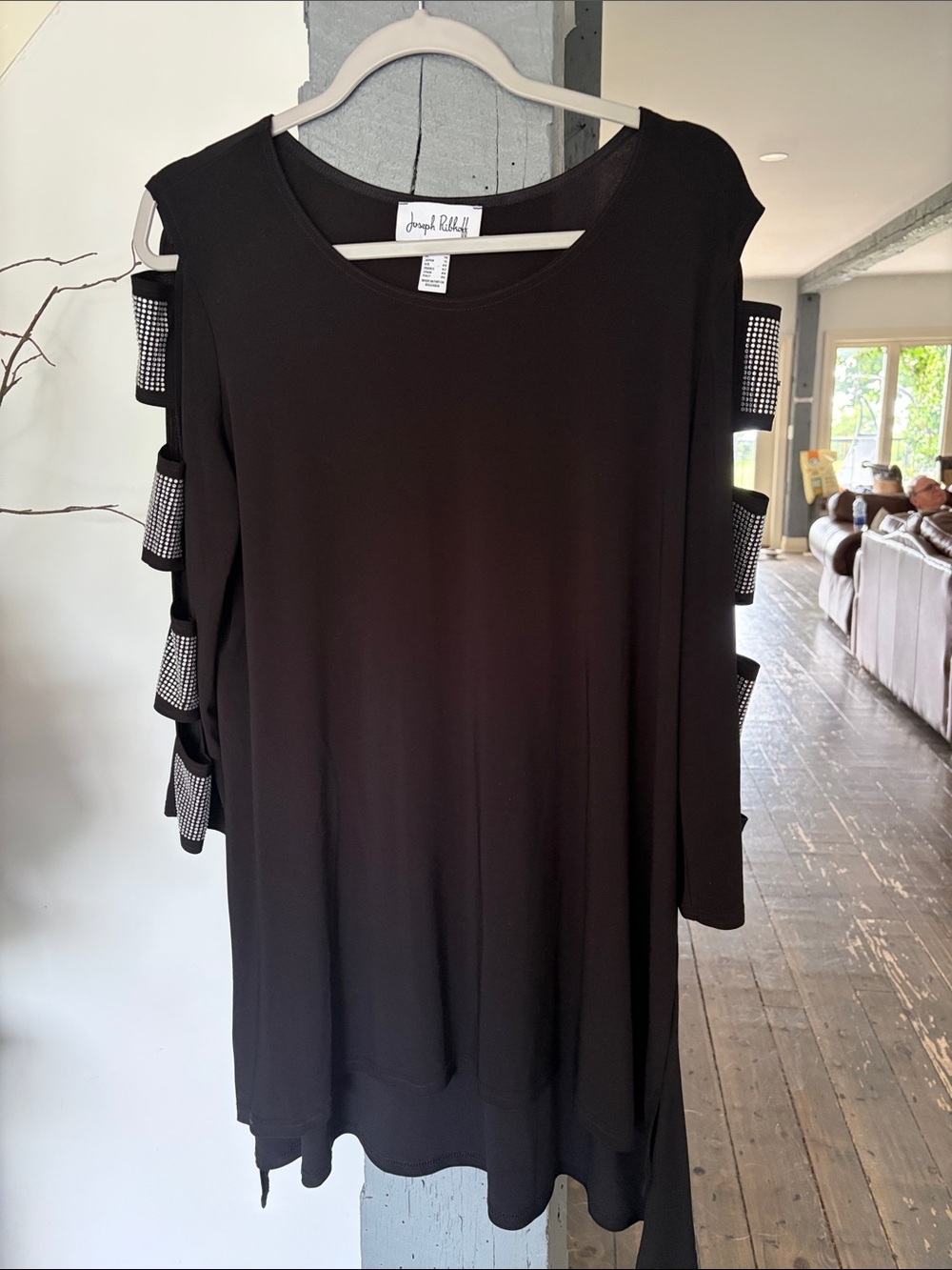 Joseph Ribkoff Black Cold-Shoulder Tunic with Rhinestone Bow Details